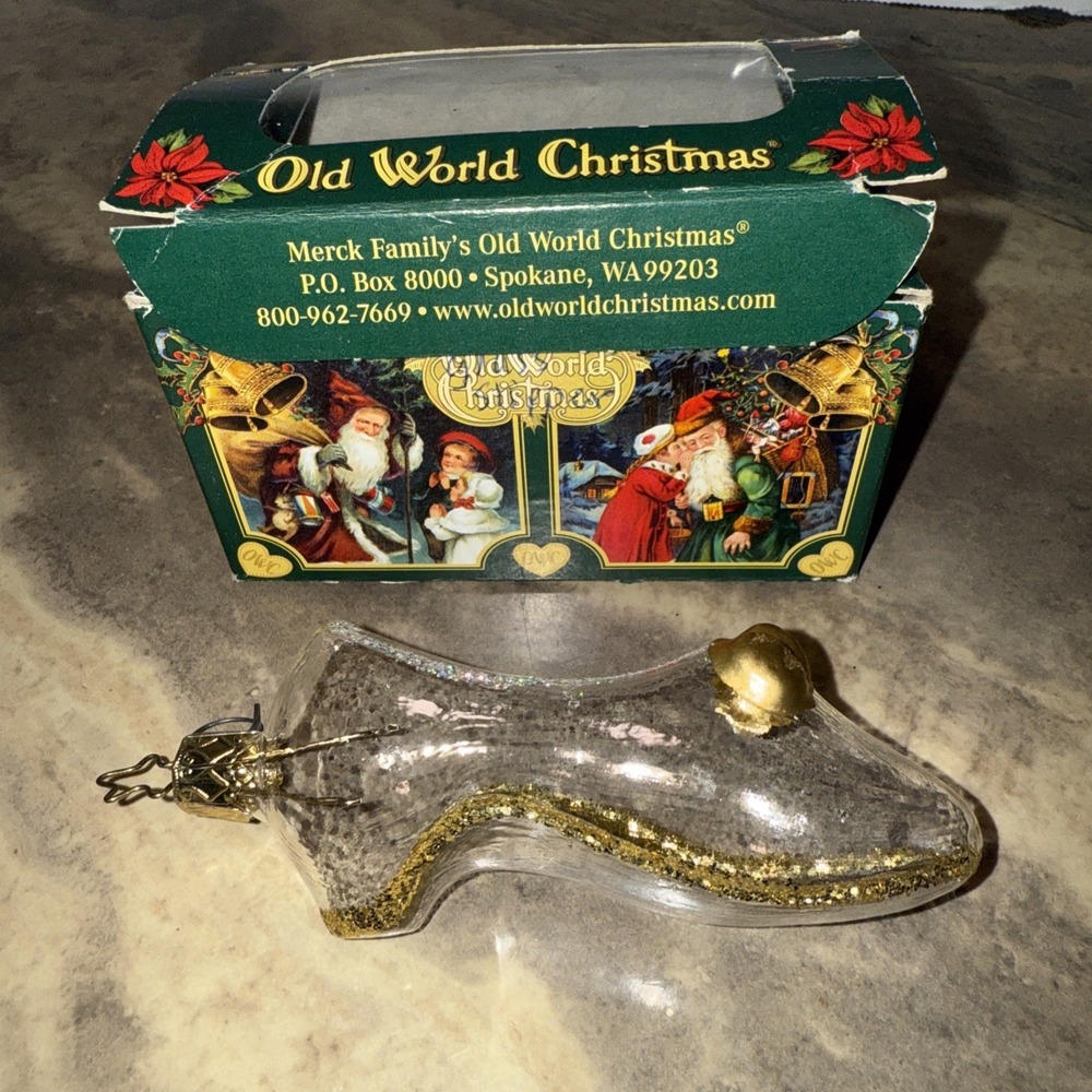Old World Christmas Glass Slipper Ornament Gold Glitter Shoe OWC w/ Box